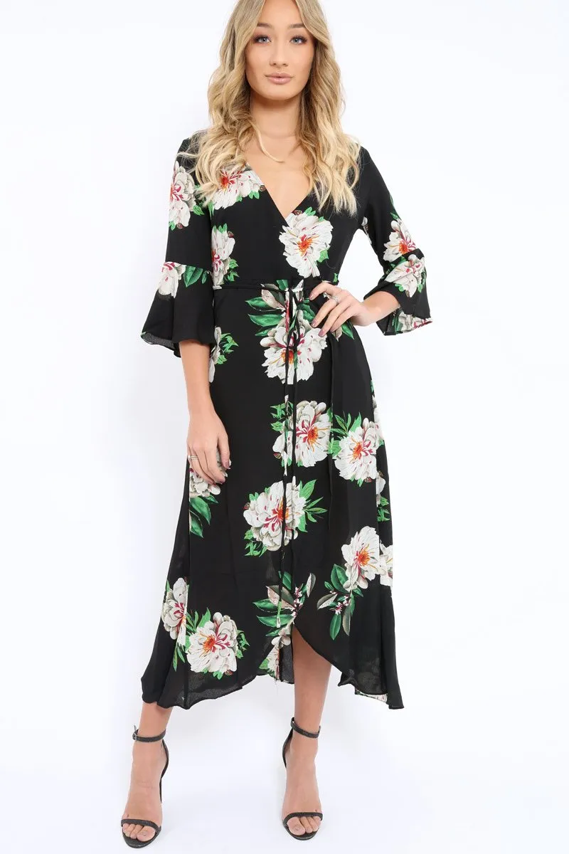 Black Floral Wrap Dress - Adley