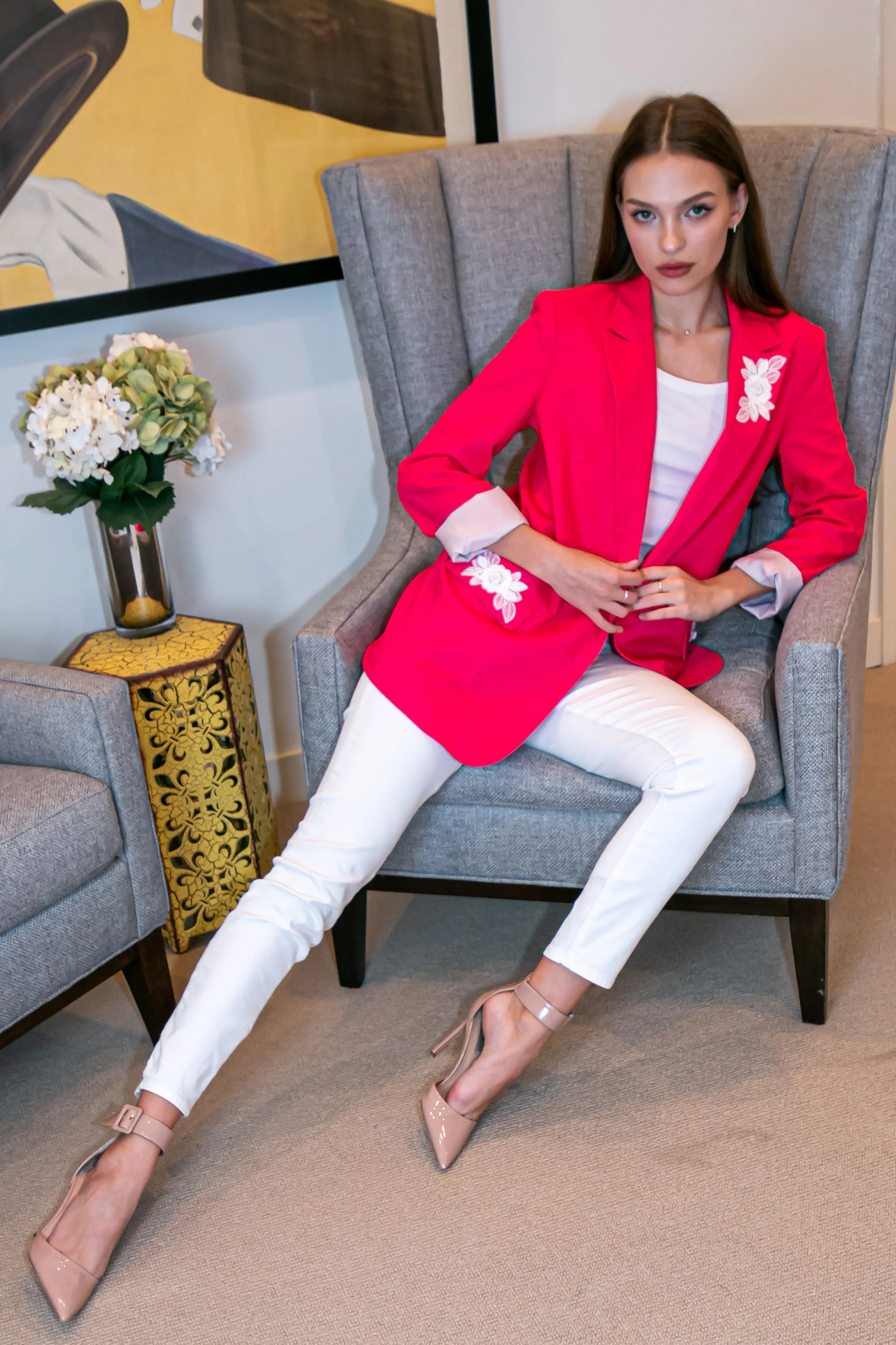 Blazer, Linen Pink, White Lace Flowers