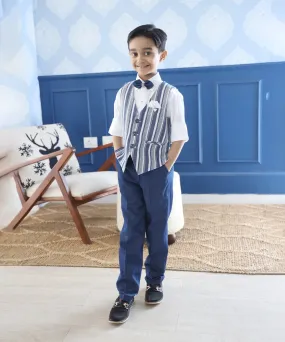 Blue Coloured Self-Striped Waist Coat Set for Boys