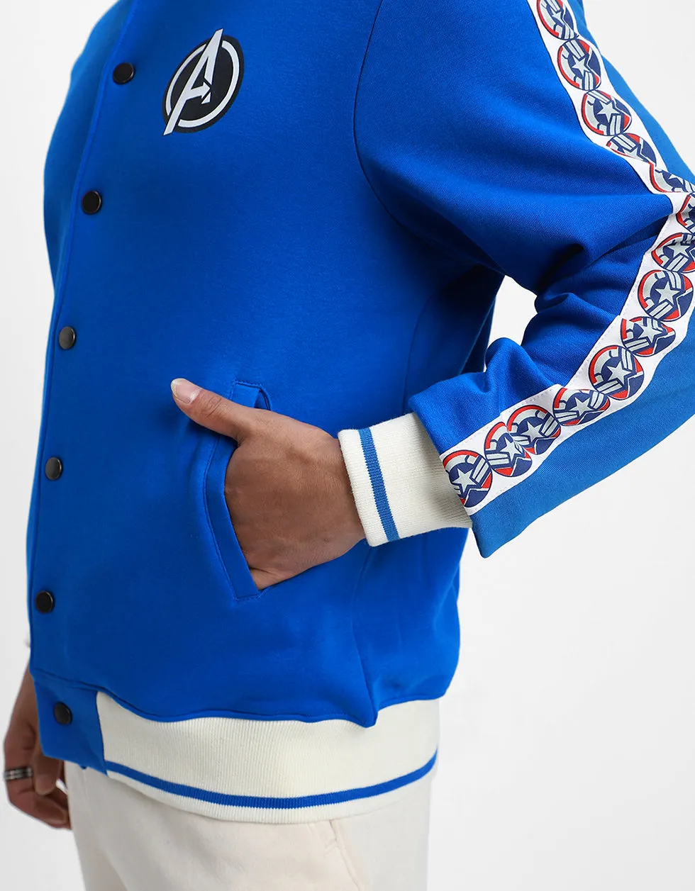 Blue Pocket Typographic Printed Varsity Jacket