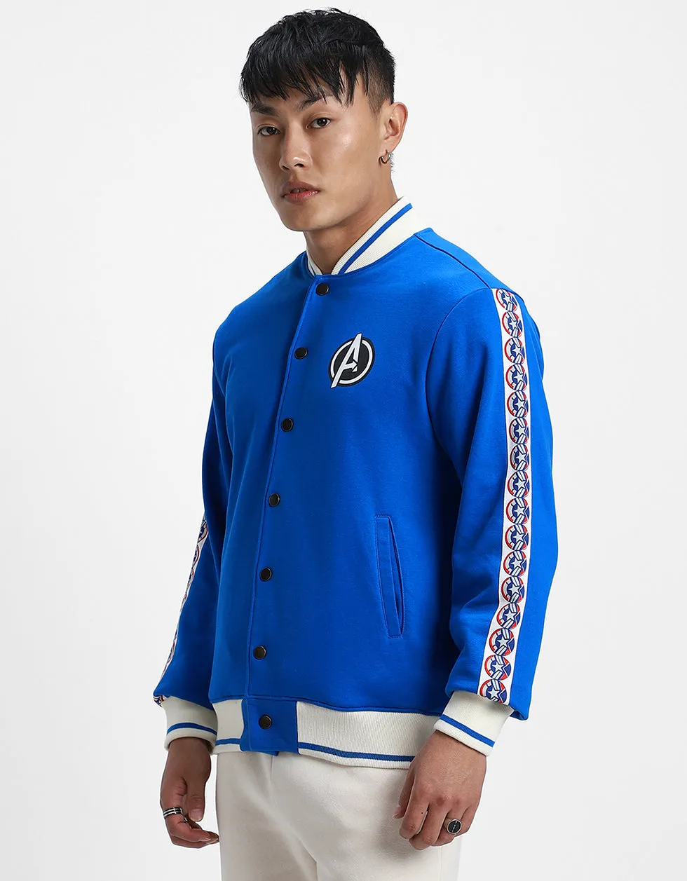 Blue Pocket Typographic Printed Varsity Jacket