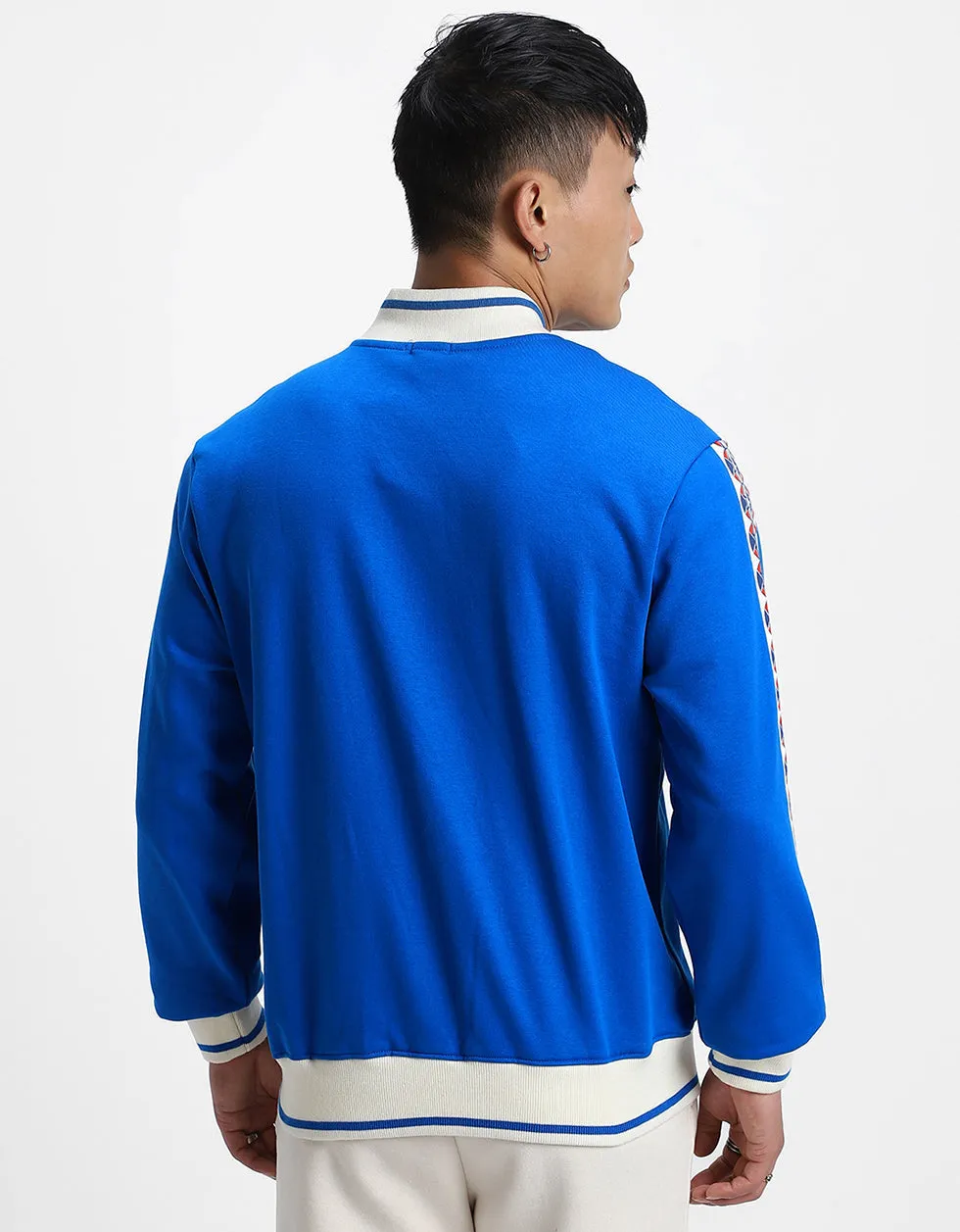 Blue Pocket Typographic Printed Varsity Jacket