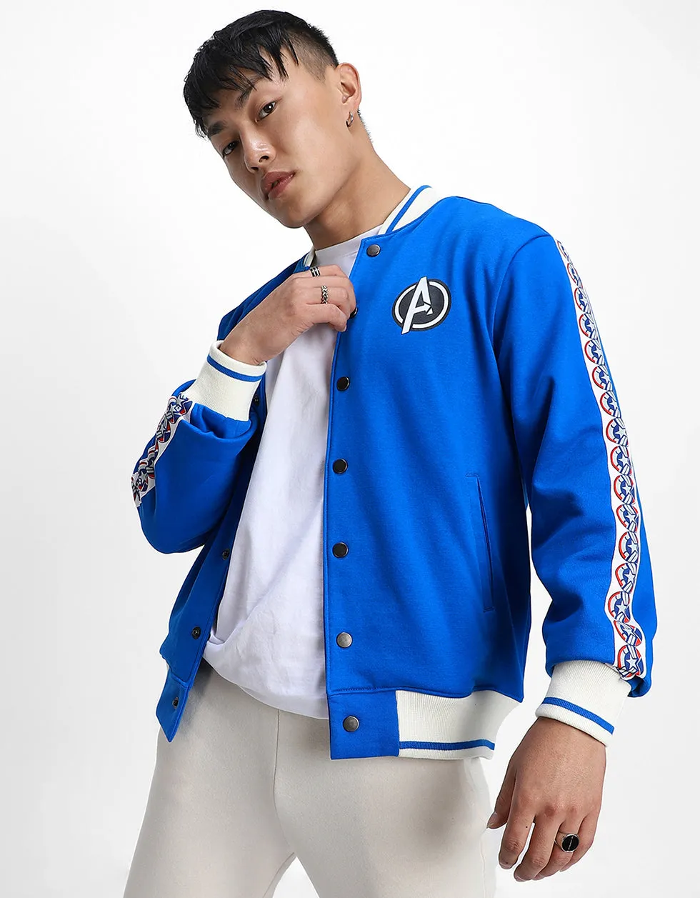 Blue Pocket Typographic Printed Varsity Jacket