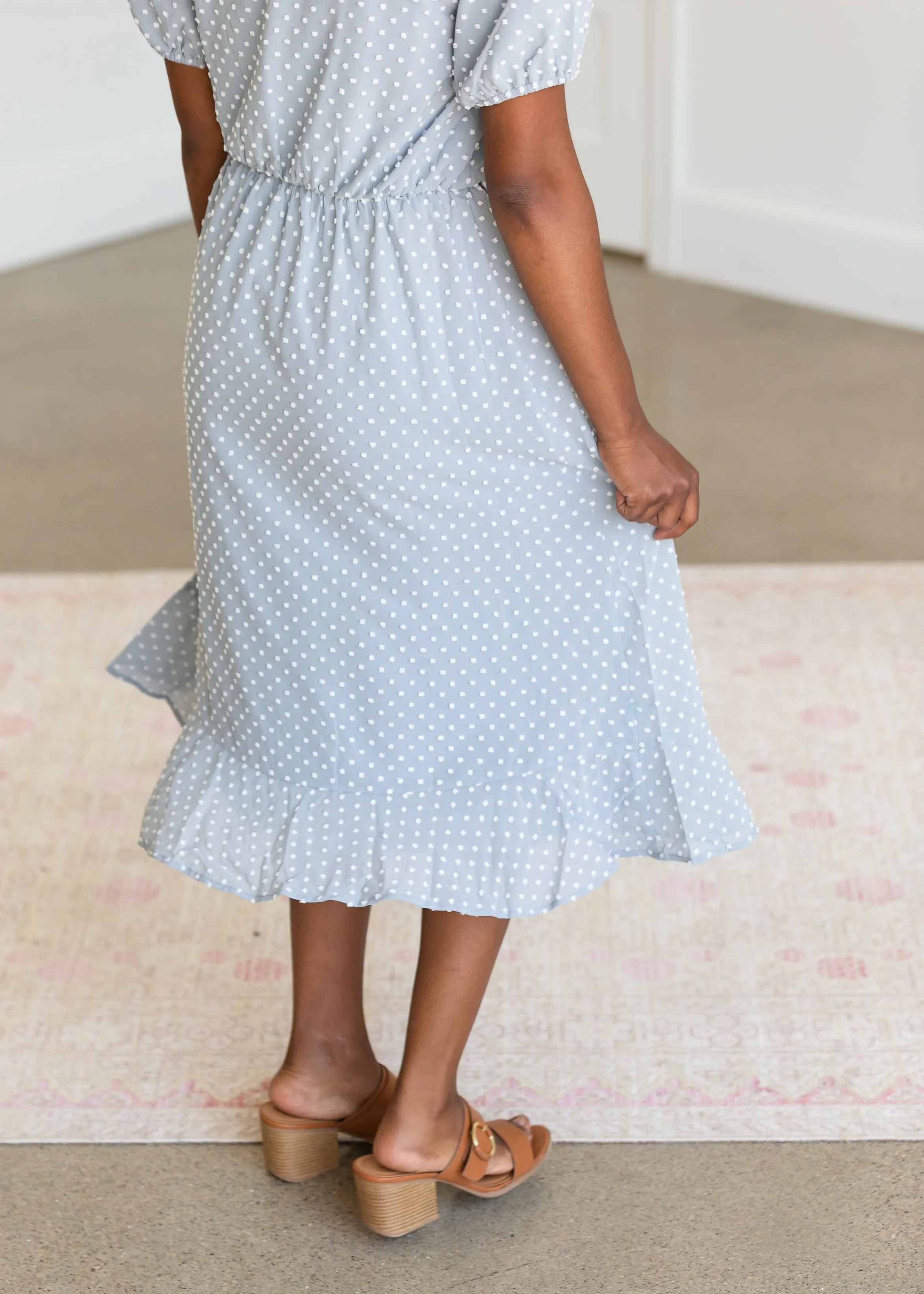 Blue V-Neck Polka Dot Midi Dress - FINAL SALE