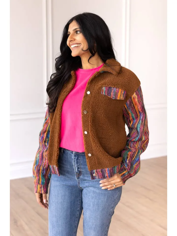 Brown Sherpa with Multi-Colored Sleeves