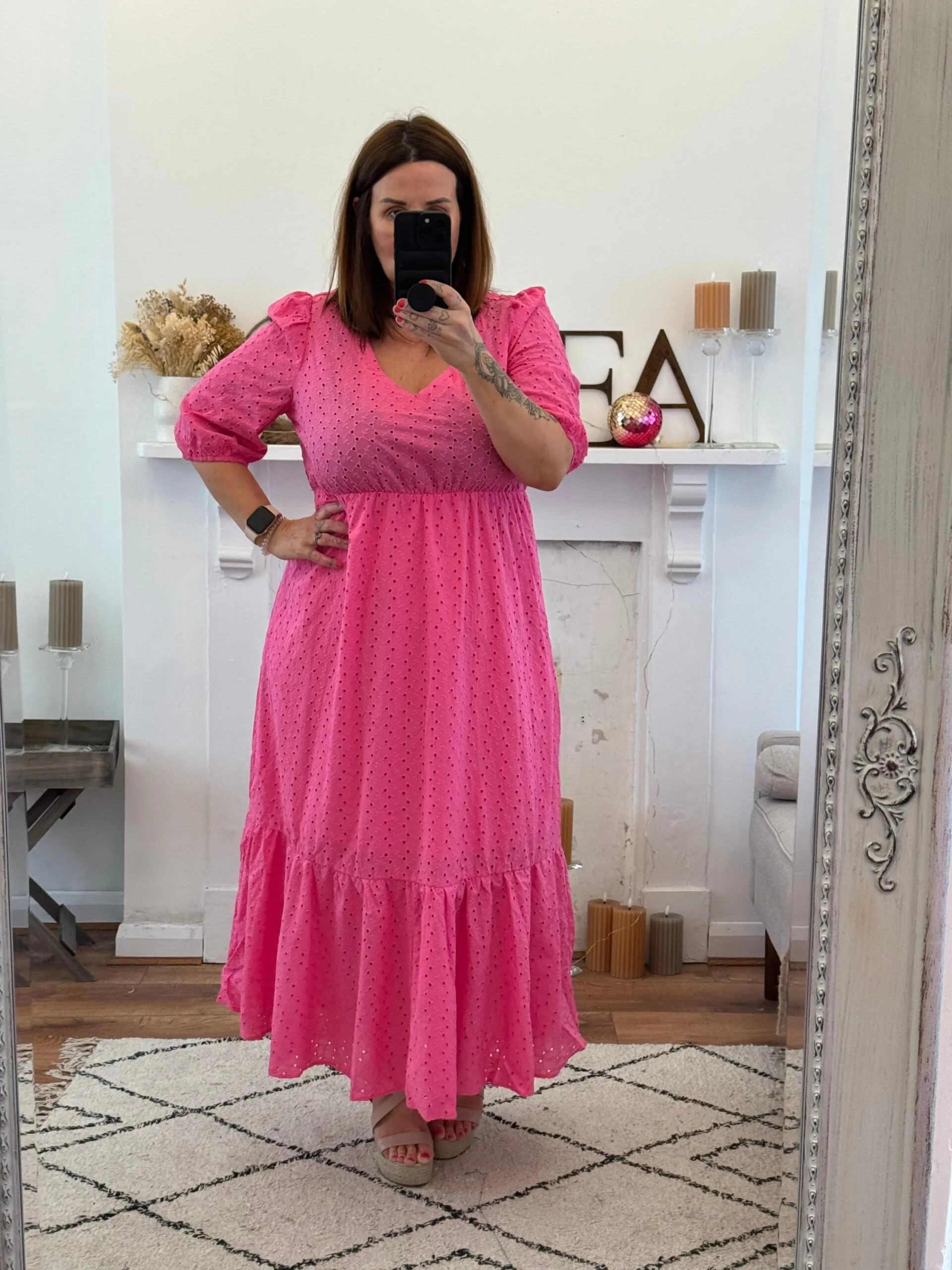 Bubble Gum Pink Broderie Anglaise Midaxi Dress