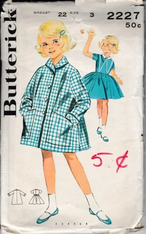 Butterick 2227 Little Girls Swing Coat Full Skirted Dress Vintage 1960's Sewing Pattern