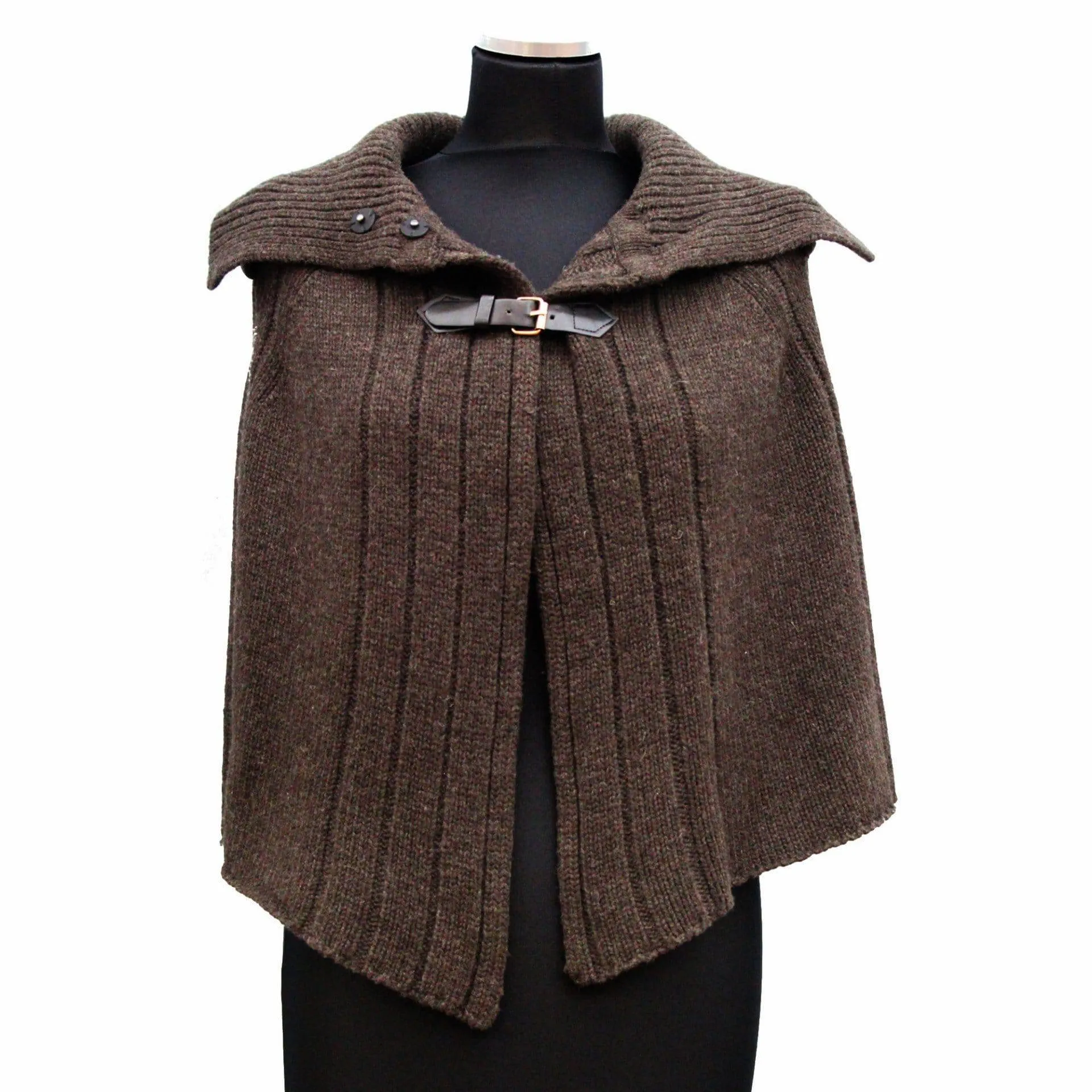 Cable Knit Cape with Leather Strap - Brown