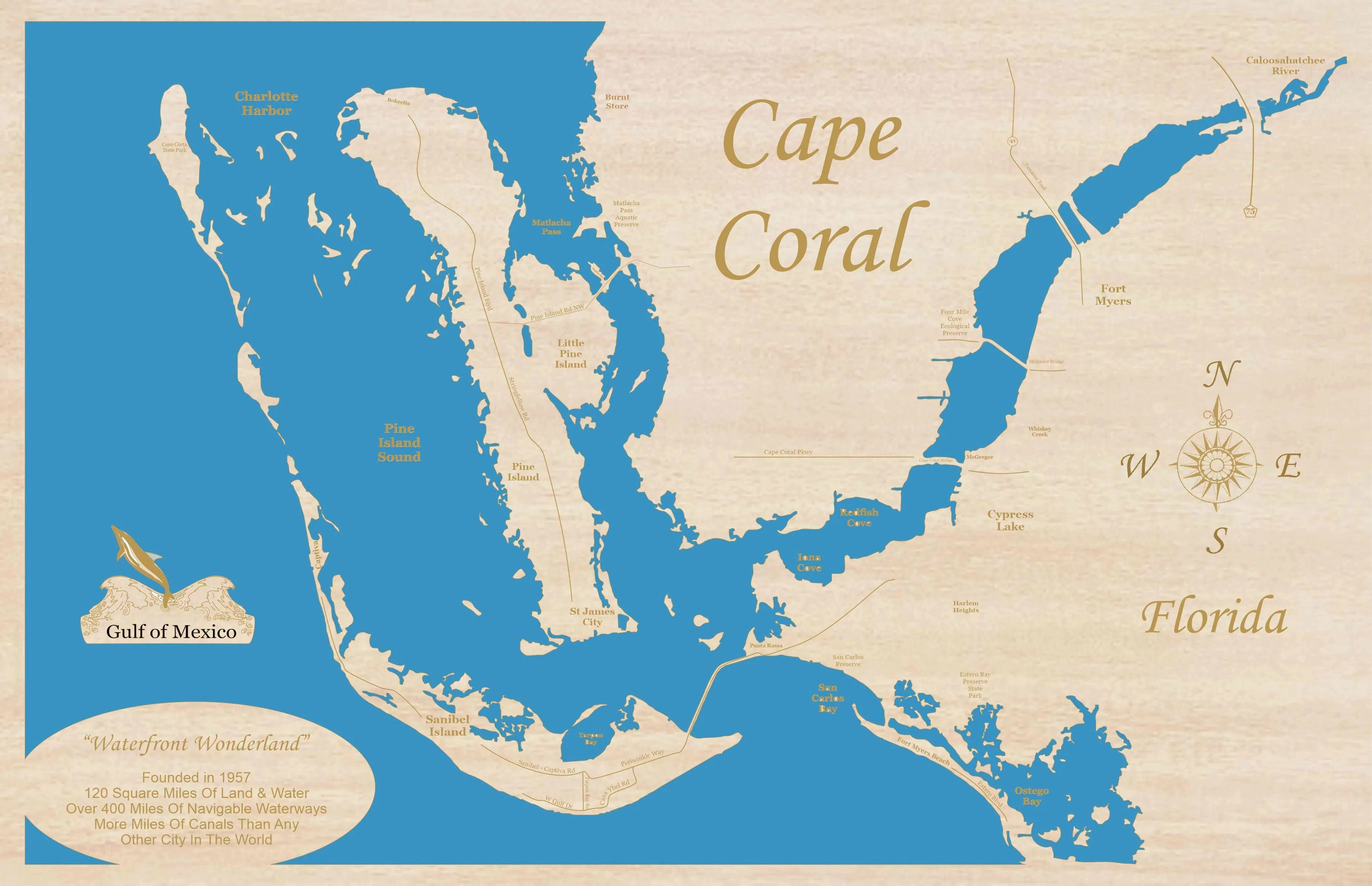 Cape Coral, Florida - laser cut wood map