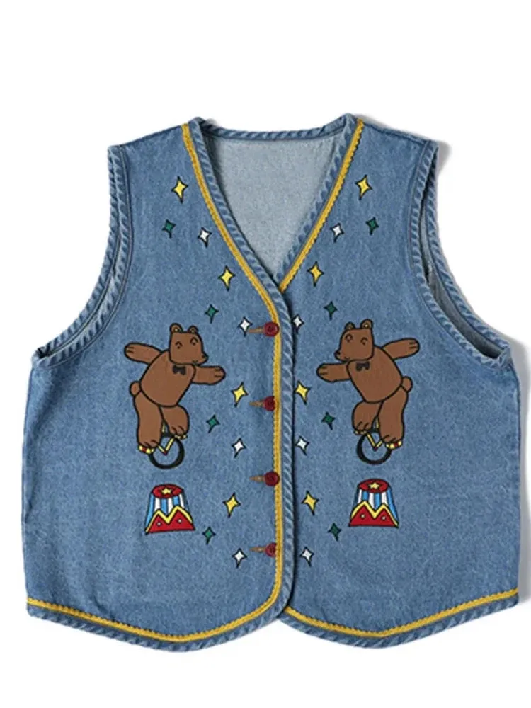 Cartoon Bear Embroidery Women Casual Denim Vests Summer V Neck Sleeveless Single-breasted Korean Ladies Kawaii Cute Top