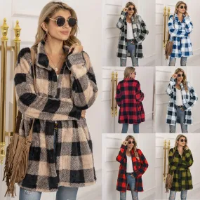 Casual Plaid Printed Women's Long Jacket Winter Plush Cardigan