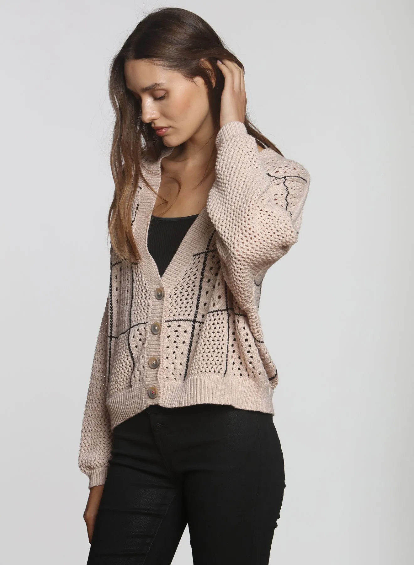 Checker Cardigan - Nude/black