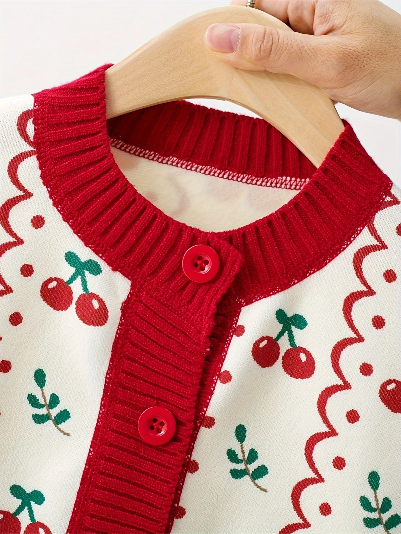 Cherry Jacquard Knit Cardigan For Girls, Comfy Casual Knitted Outerwear Fall/ Winter Clothing, 1pc