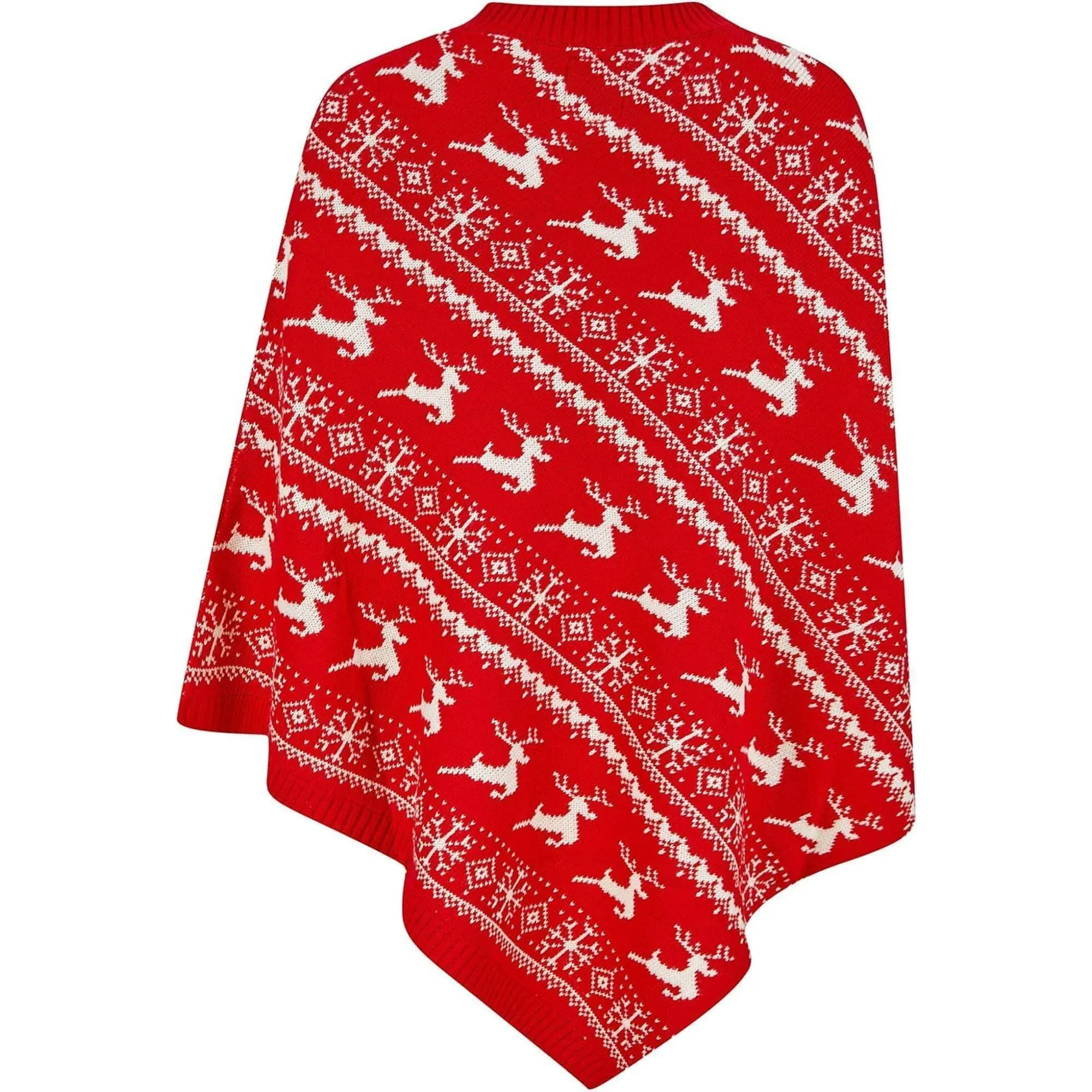 Christmas Claudia Reindeer & Snowflake Print Womens Poncho Cape - Red