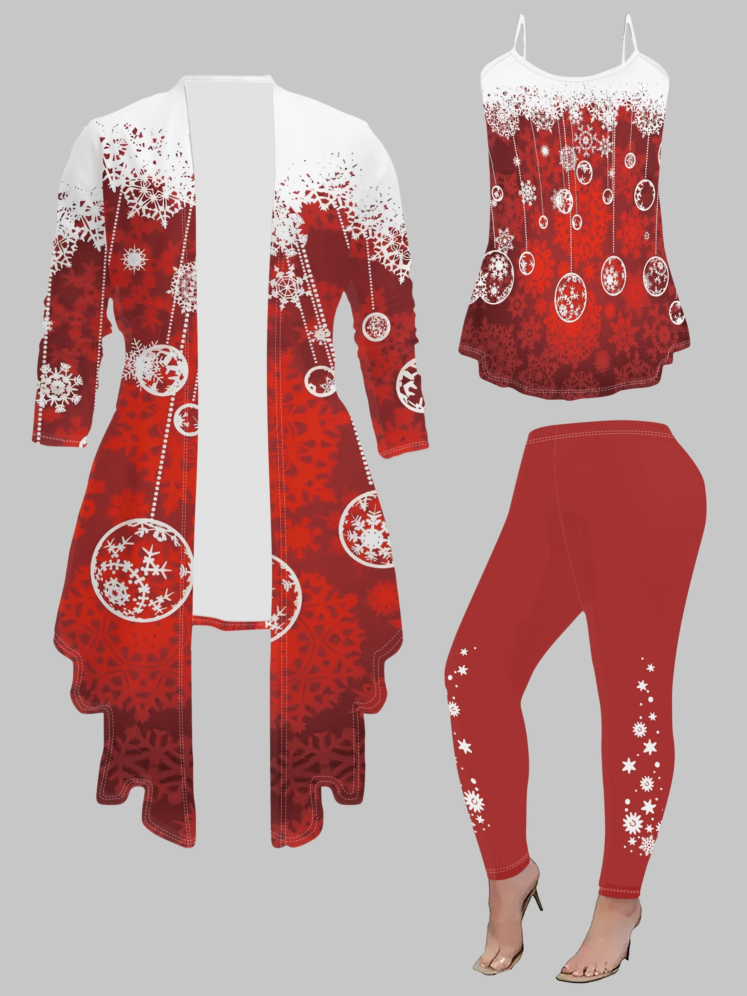 Christmas Snowman Print Women's 3-Piece Set - Knit Fabric, Polyester, Round Neck, All-Season Fashion Pantsuit with Sleeveless Top and Long Sleeve Cardigan