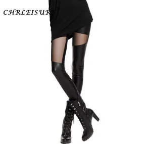 CHRLEISURE S-XL Sexy Women Leather Stitching Leggings Fashion Mesh Black Leggings Women Punk Roce Leather Legging Punk Gothic