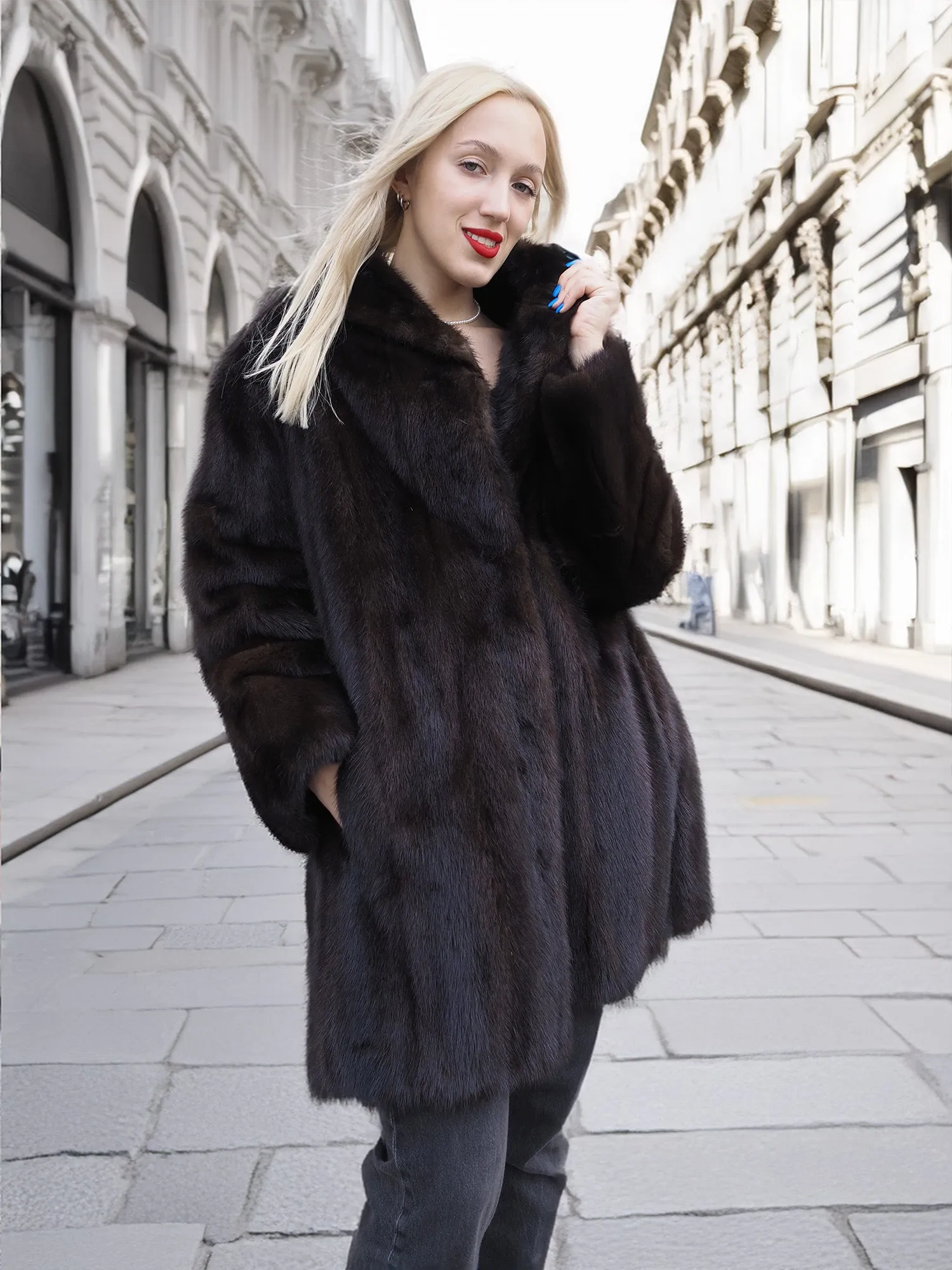 Classic Vintage Dark Ranch Black Mink Fur Jacket Coat L