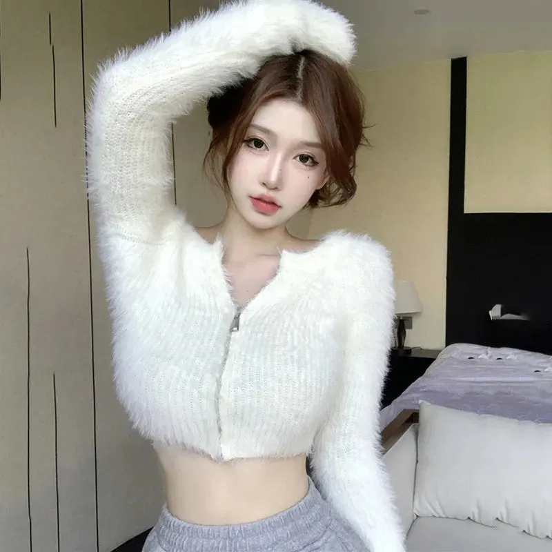 Coat Women's Sweater Top Knitted Cardigan Plush Off Shoulder Short Style Gentleness Mink Solid Color Zipper Design