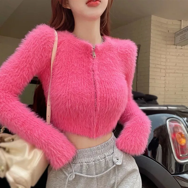 Coat Women's Sweater Top Knitted Cardigan Plush Off Shoulder Short Style Gentleness Mink Solid Color Zipper Design