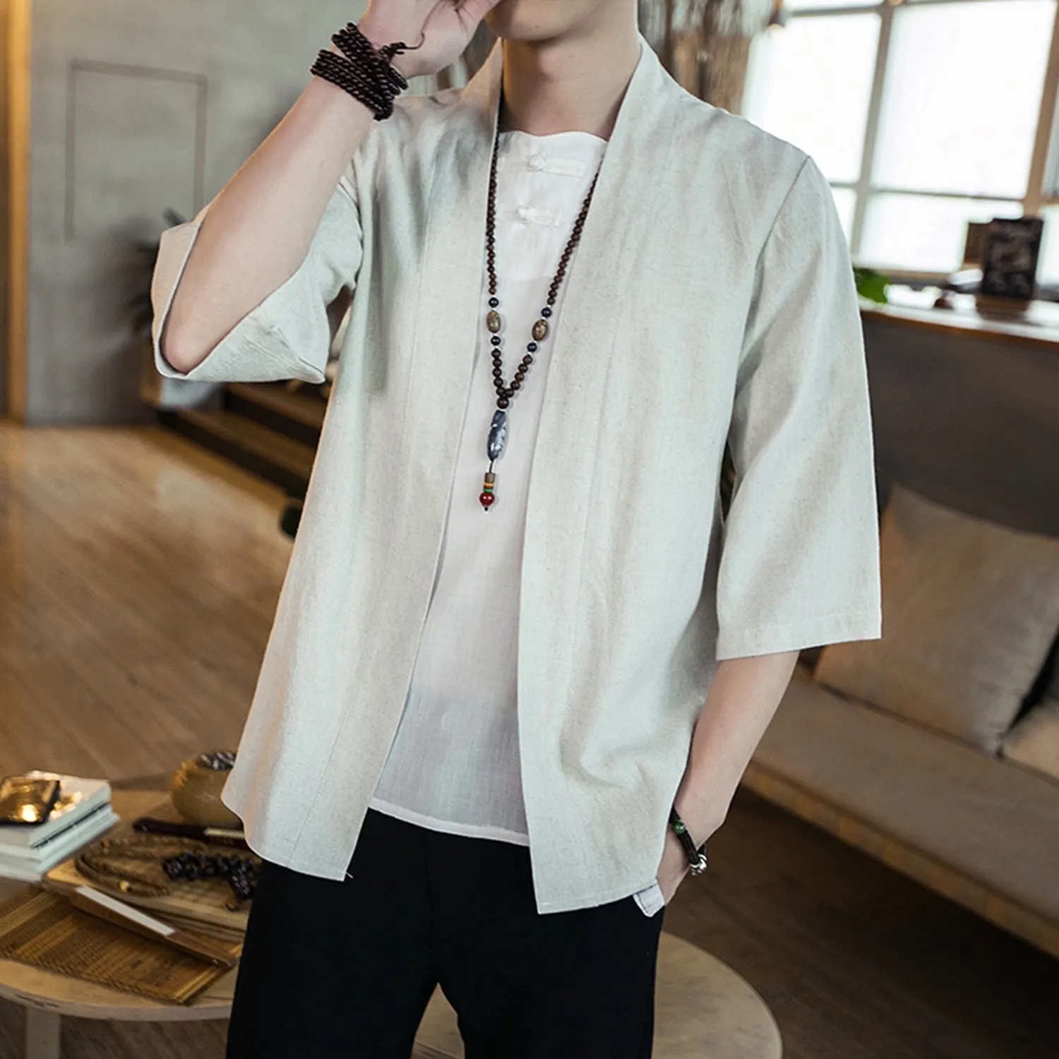 cotton and linen solid color Hanfu seven-point sleeve cardigan shirt