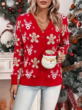 Cozy Festive Cardigan - Soft V Neck, Long Sleeve, Button Front, Casual Chic Design for Fall & Winter - Women's Clothing for Everyday Wear