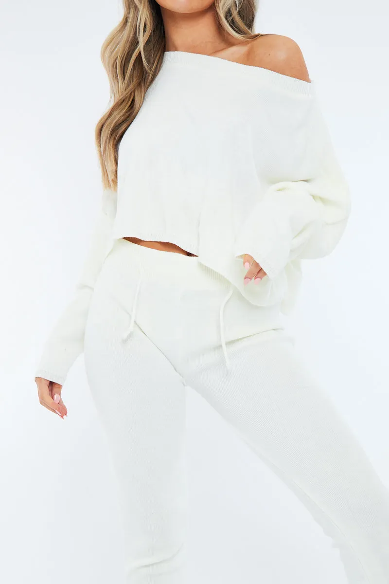 Cream Cropped Knit Sweatshirt & Leggings Set - Damara