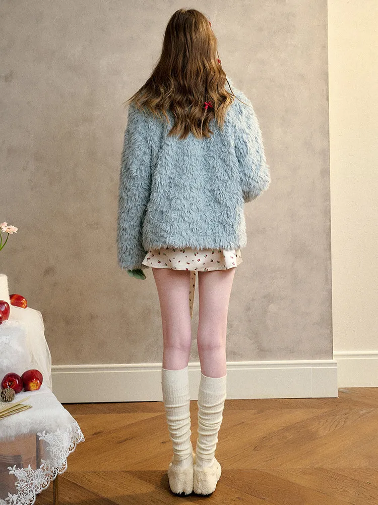 Cream Strawberry Gray-Blue Fur Jacket