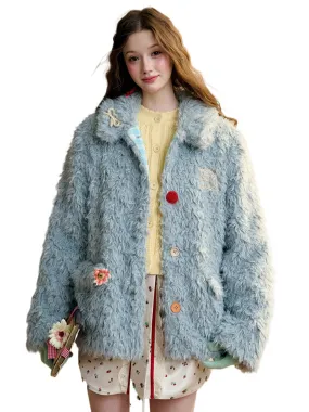 Cream Strawberry Gray-Blue Fur Jacket