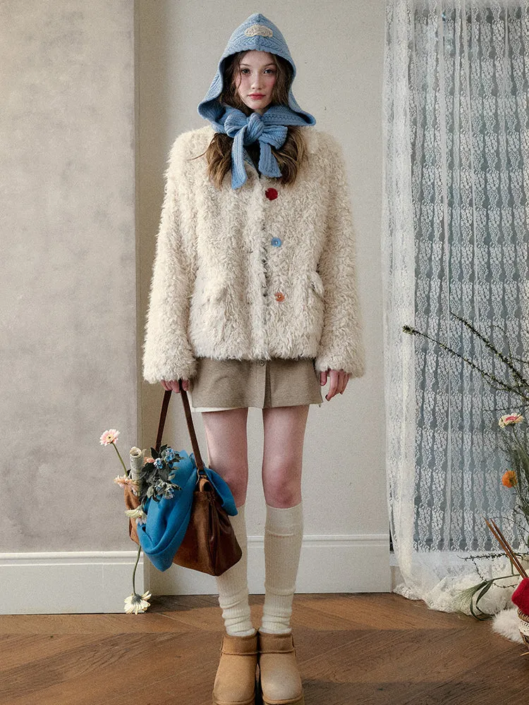 Cream Strawberry Gray-Blue Fur Jacket