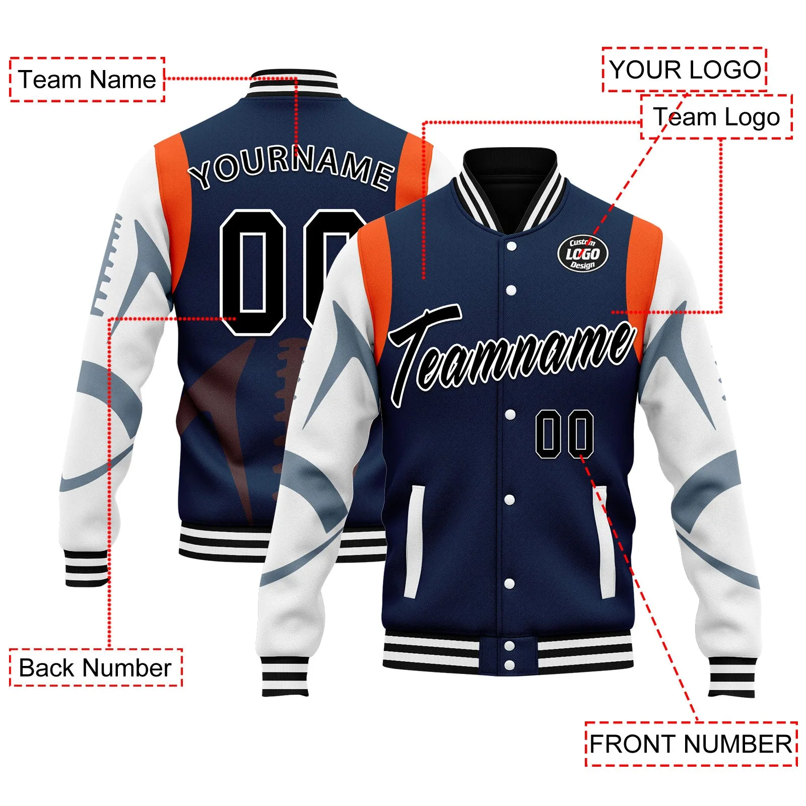 Custom Blue Denver Jacket Bomber Full-Snap Varsity Letterman Personalized Jacket FZ005-D025004-12