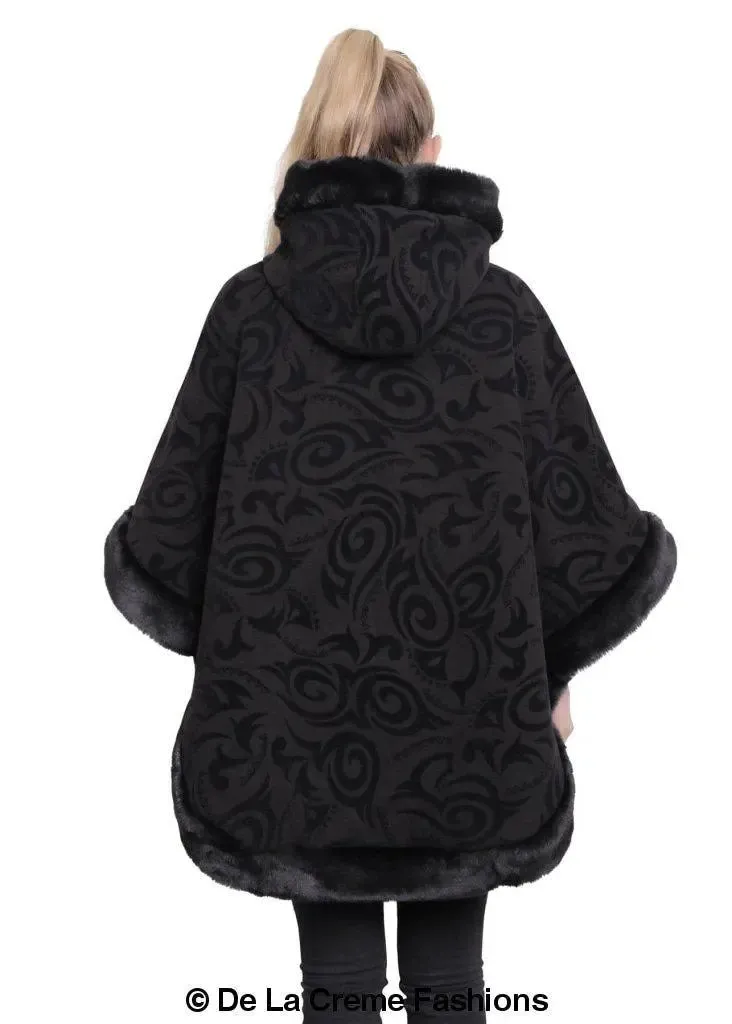 De La Creme - Women's Tribal Print Fur Lined Hooded Cape