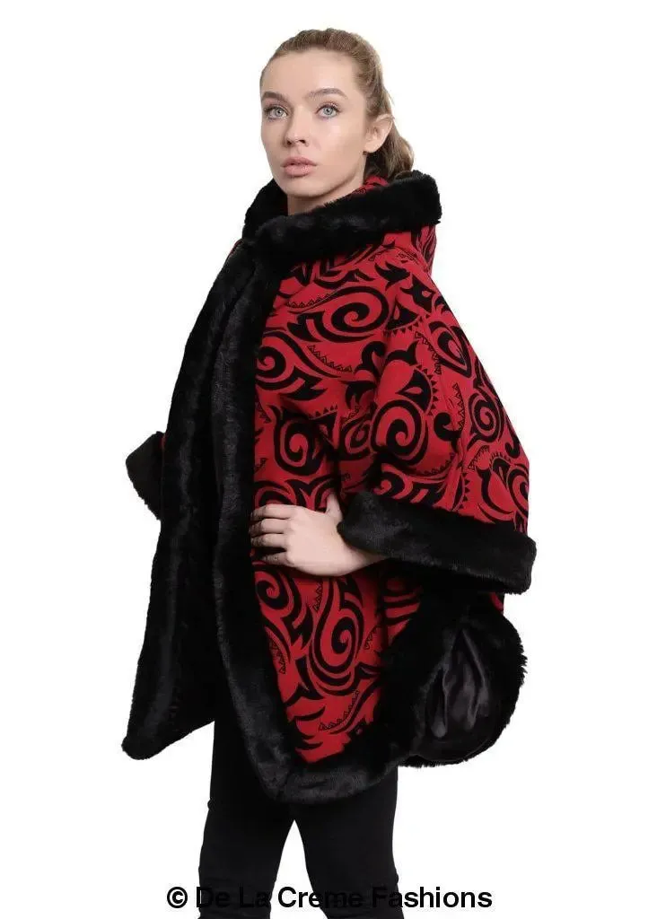 De La Creme - Women's Tribal Print Fur Lined Hooded Cape