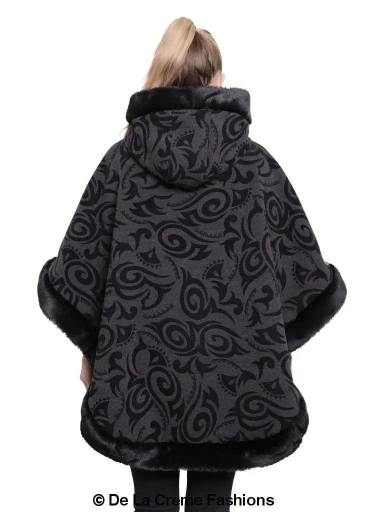 De La Creme - Women's Tribal Print Fur Lined Hooded Cape