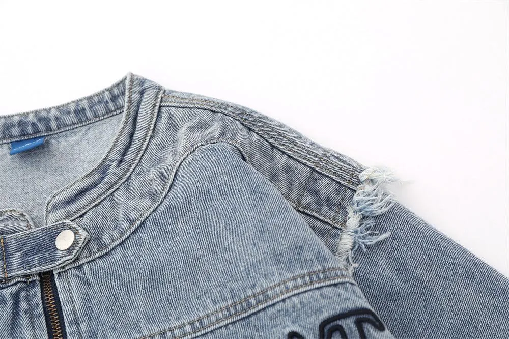 Detachable Trendy Letter Embroidery Denim Coat