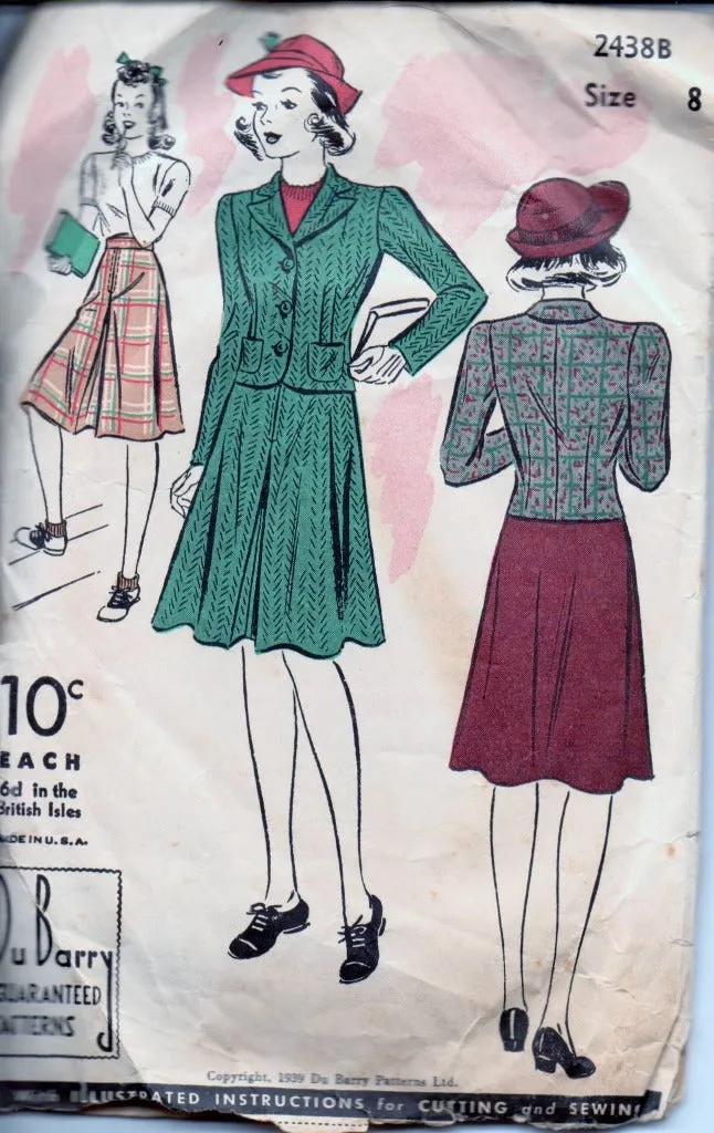 Du Barry 2438B Girls Two Piece Suit Jacket Skirt Vintage 1930's Sewing Pattern