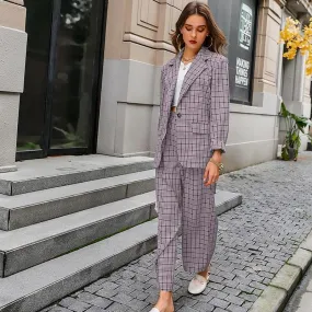 Elegant Plaid Two-piece Women Blazer Suit Casual Suit Blazer Set Chic