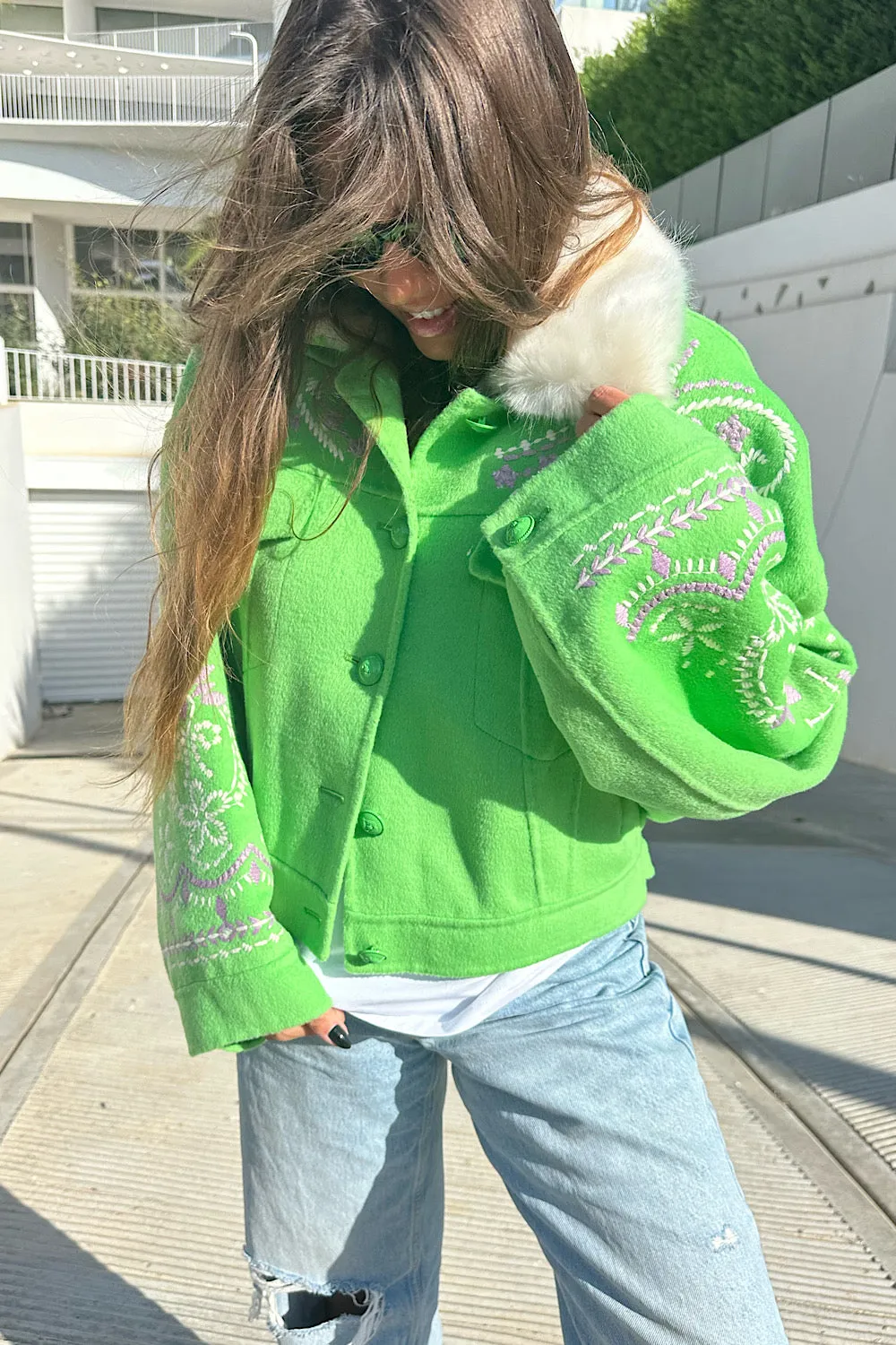 EMBROIDERY OVERSIZED JACKET FUR NECK