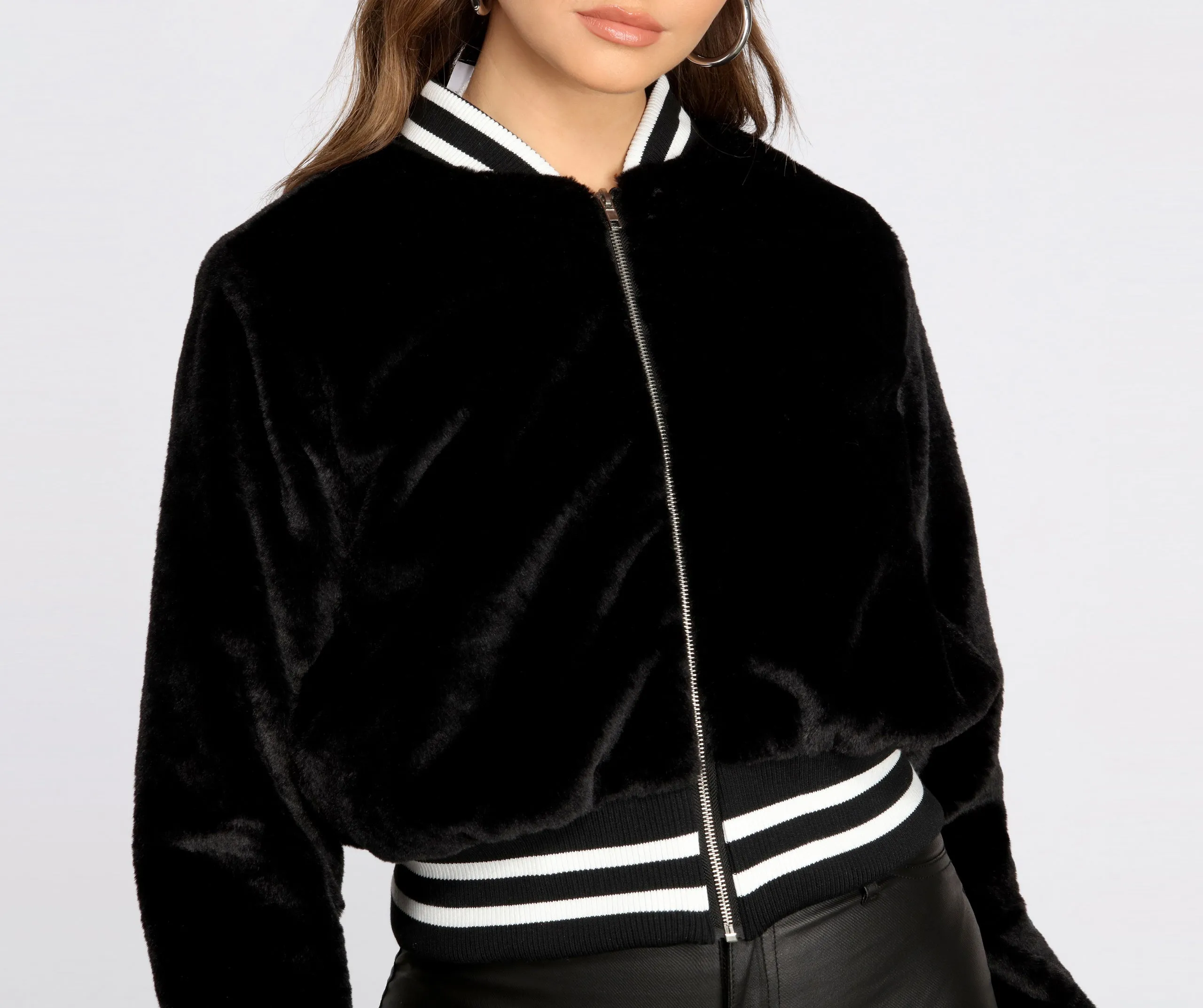 Faux Fur Striped Bomber Jacket