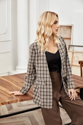 Female Fall and Winter Plaid Khaki Cardigan Blazer Jacket