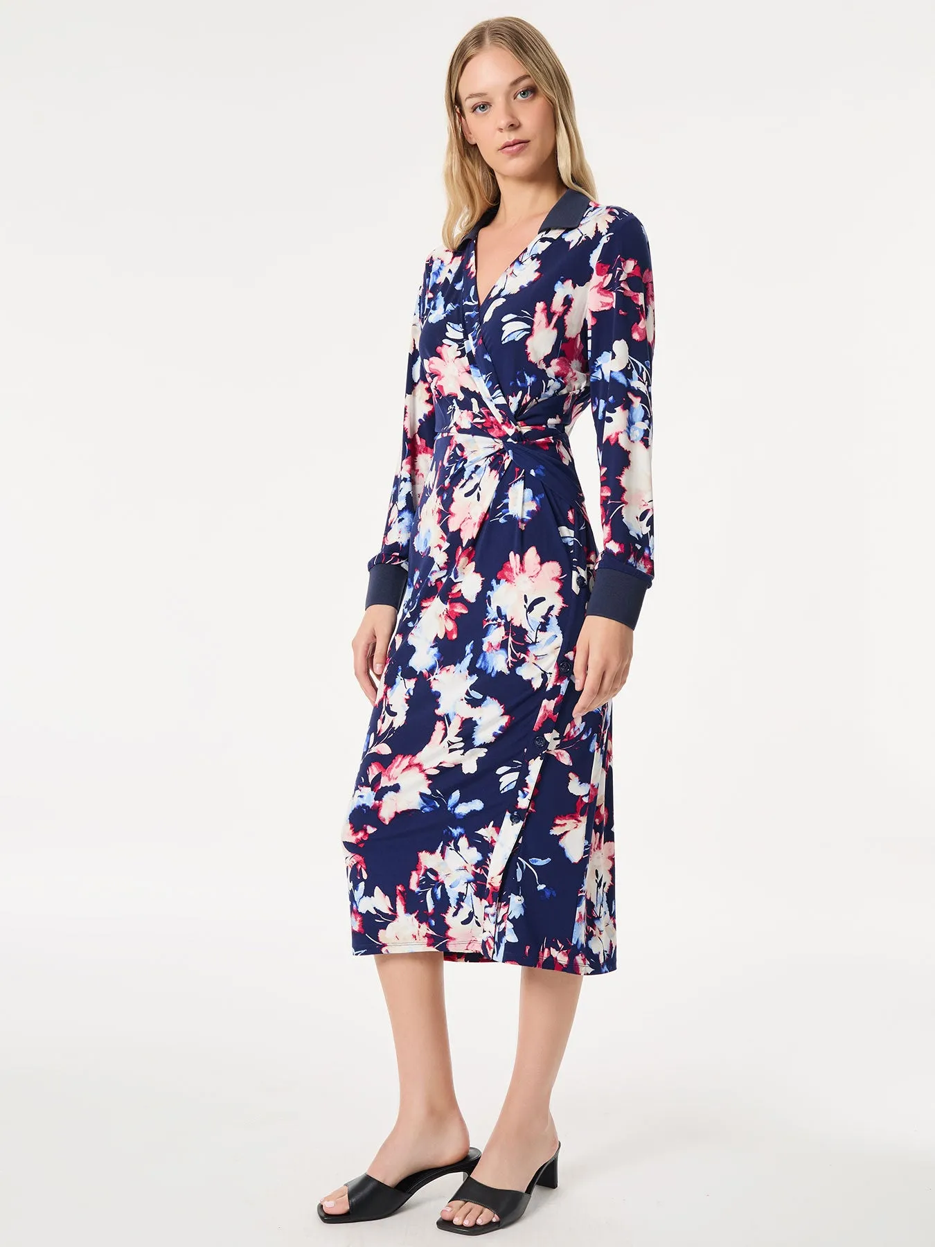 Floral Collared Twist Wrap Midi Dress