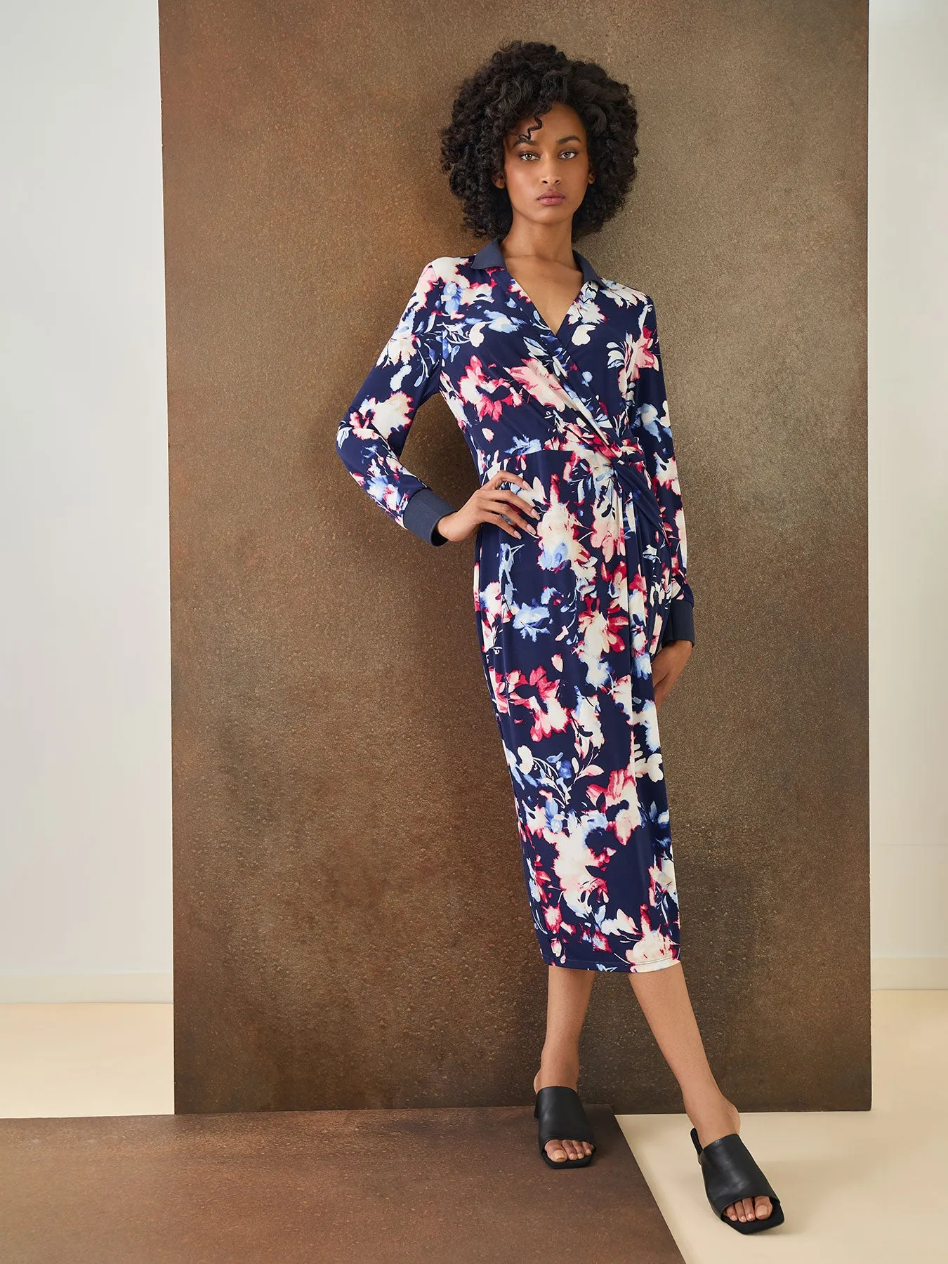 Floral Collared Twist Wrap Midi Dress