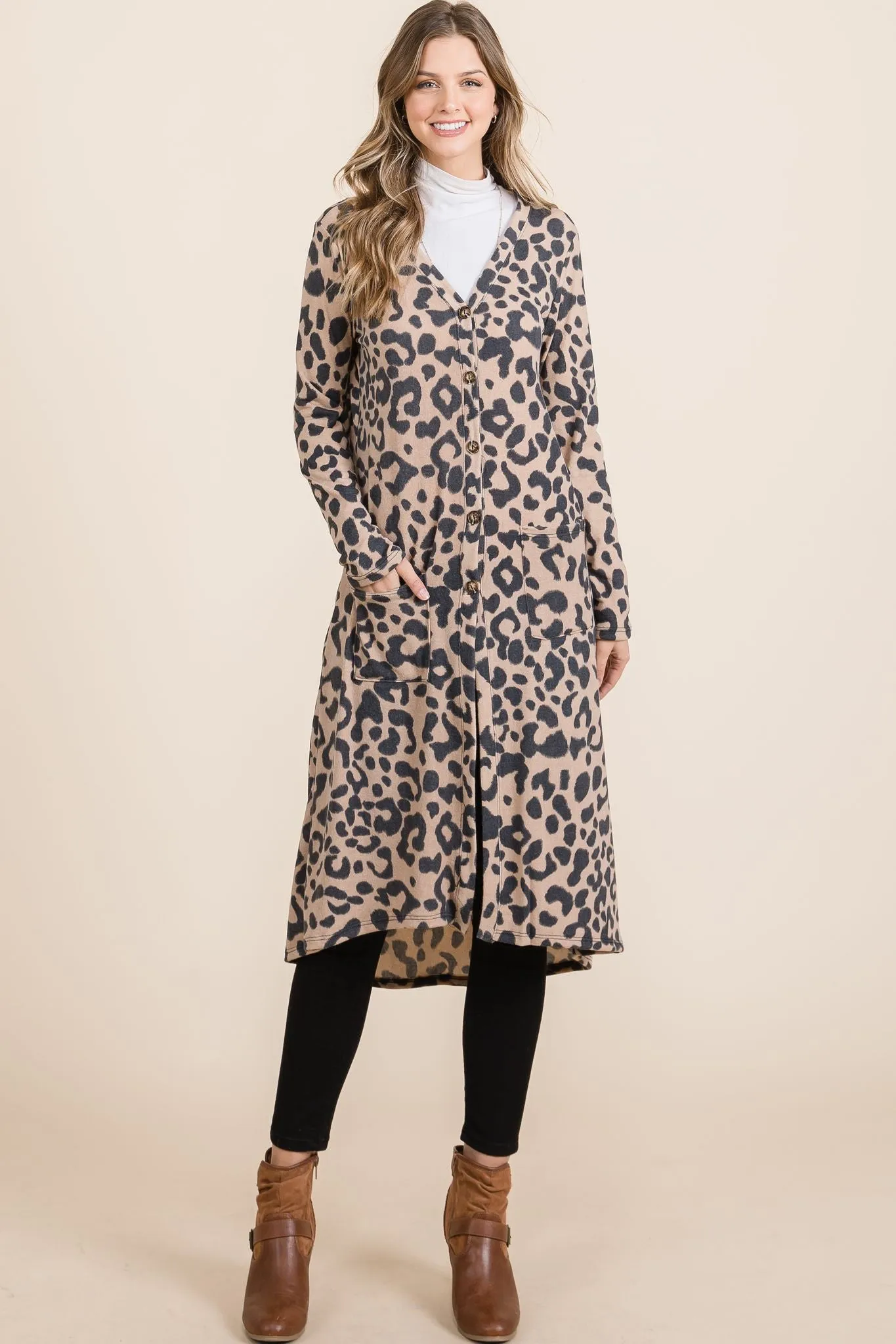 Full Size Leopard V-Neck Long Sleeve Cardigan