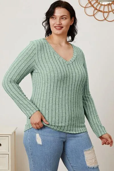 Full Size Ribbed V-Neck Long Sleeve T-Shirt