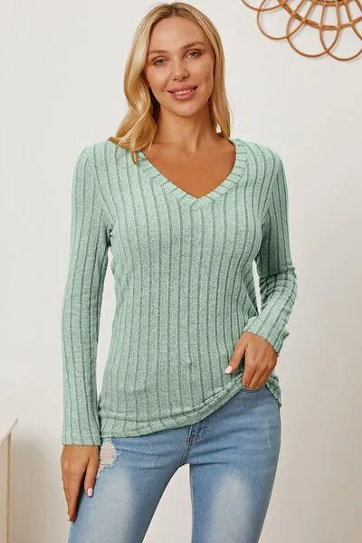 Full Size Ribbed V-Neck Long Sleeve T-Shirt