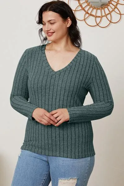 Full Size Ribbed V-Neck Long Sleeve T-Shirt