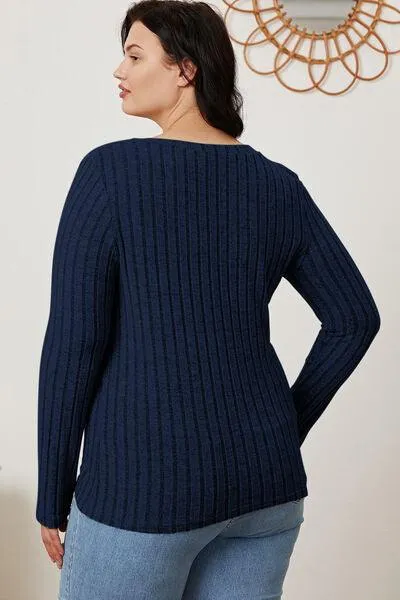 Full Size Ribbed V-Neck Long Sleeve T-Shirt