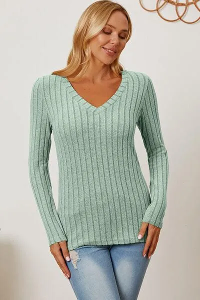 Full Size Ribbed V-Neck Long Sleeve T-Shirt