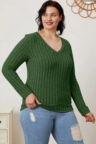 Full Size Ribbed V-Neck Long Sleeve T-Shirt