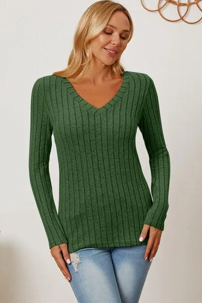 Full Size Ribbed V-Neck Long Sleeve T-Shirt