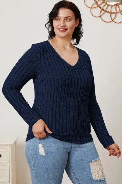 Full Size Ribbed V-Neck Long Sleeve T-Shirt